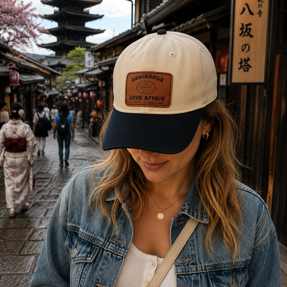 A woman wearing a cream and navy blue trucker hat with a brown leather patch that reads 'DANGEROUS LOVE AFFAIR (with my passport)' stands on a cobblestone street in a Japanese town, with a pagoda and wooden buildings in the background.