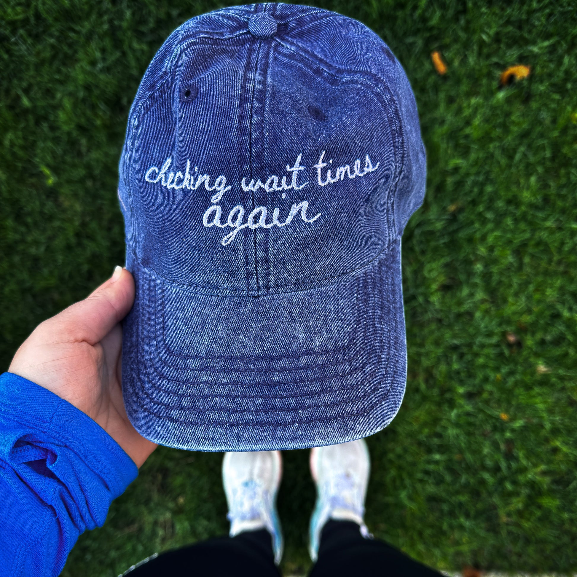 "Checking Wait Times Again" Funny Travel Hat for Theme Park Lovers - held