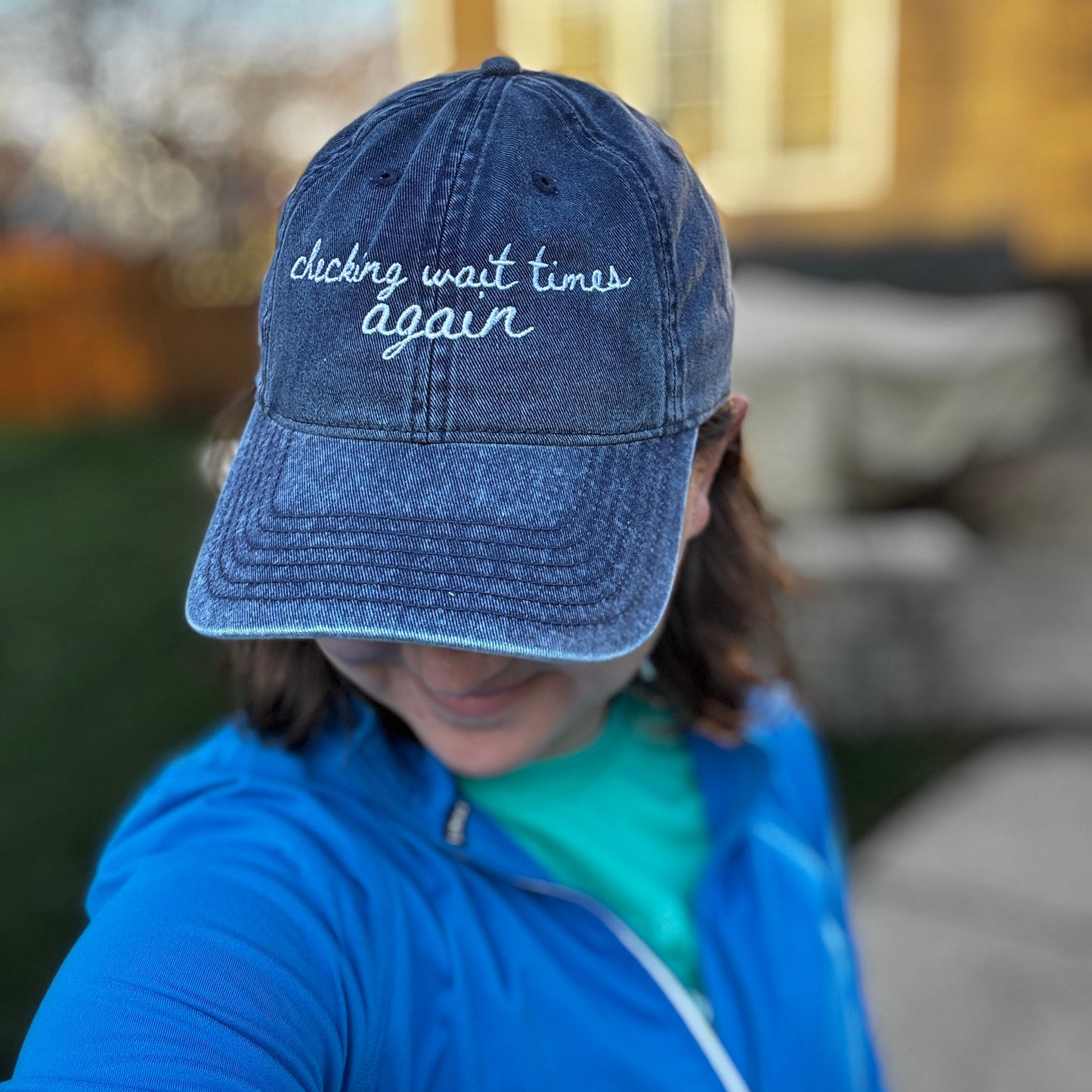 "Checking Wait Times Again" Funny Travel Hat for Theme Park Lovers - On woman