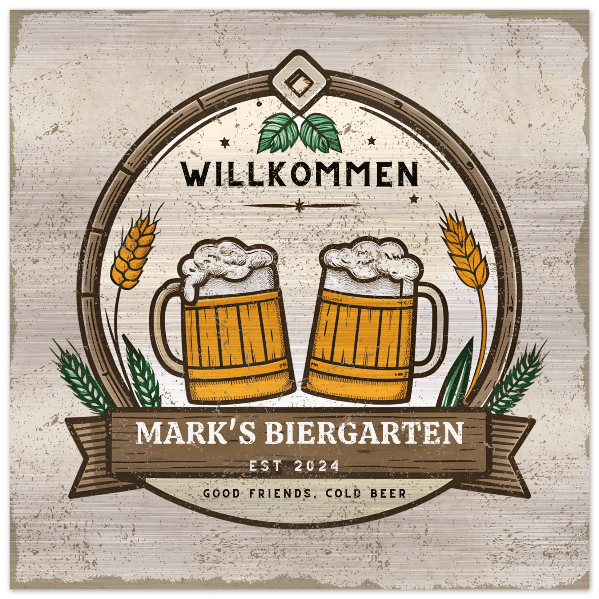 Good Friends, Cold Beer Biergarten Brushed Aluminum Bar Sign - Out of Office Outfitters - Print Material