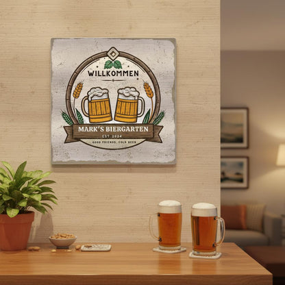 Good Friends, Cold Beer Biergarten Brushed Aluminum Bar Sign - Out of Office Outfitters - Print Material