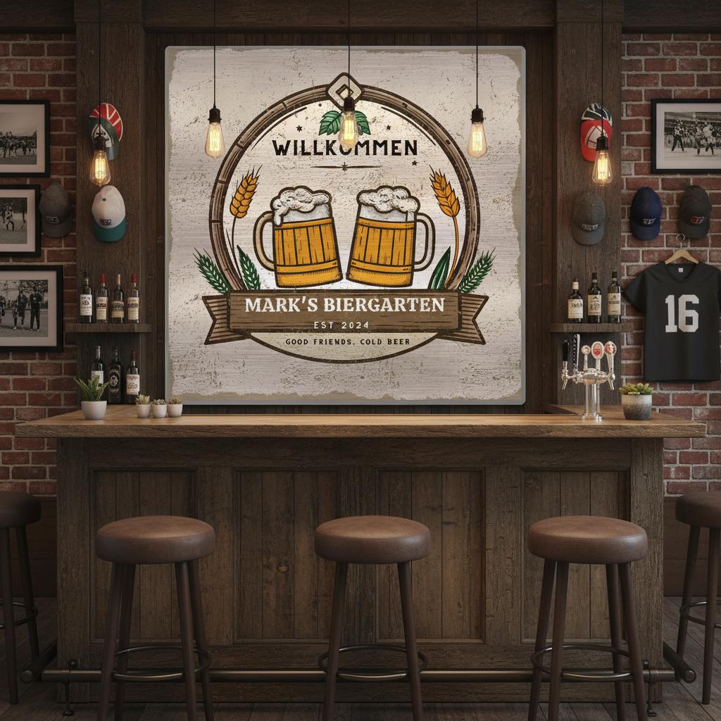 Good Friends, Cold Beer Biergarten Brushed Aluminum Bar Sign - Out of Office Outfitters - Print Material