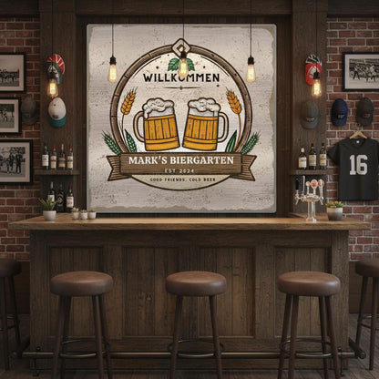 Good Friends, Cold Beer Biergarten Brushed Aluminum Bar Sign - Out of Office Outfitters - Print Material