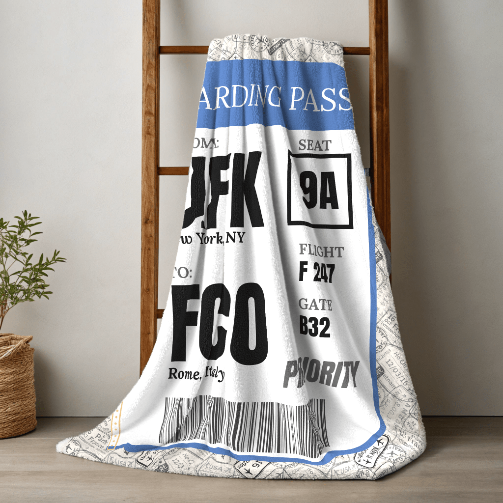 Personalized Boarding Pass Blanket - Warm Sherpa Travel Throw - Out of Office Outfitters - Home Decor
