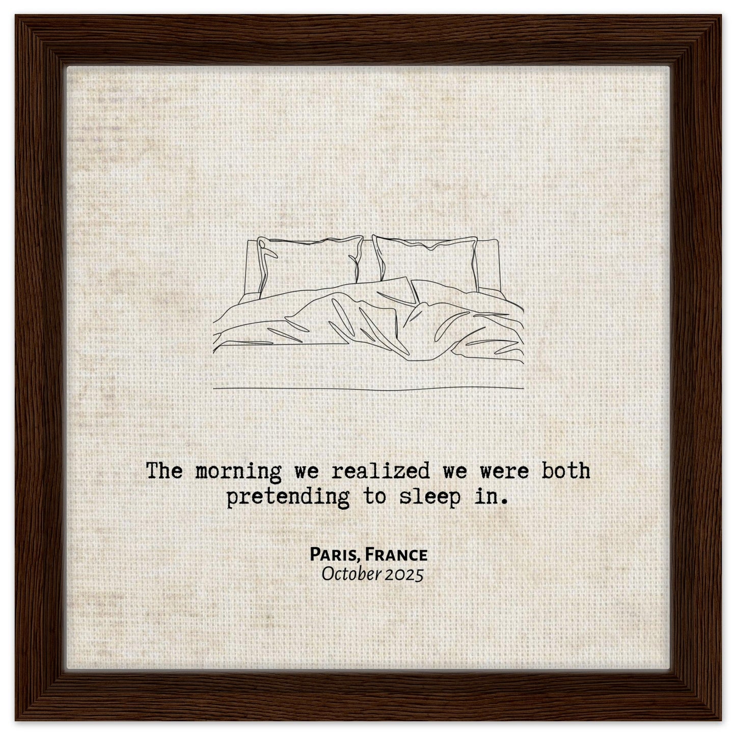 "Pretending to Sleep In" - Personalized Travel Micro Memory Framed Canvas - Out of Office Outfitters - Print Material