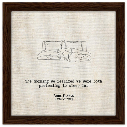 "Pretending to Sleep In" - Personalized Travel Micro Memory Framed Canvas - Out of Office Outfitters - Print Material