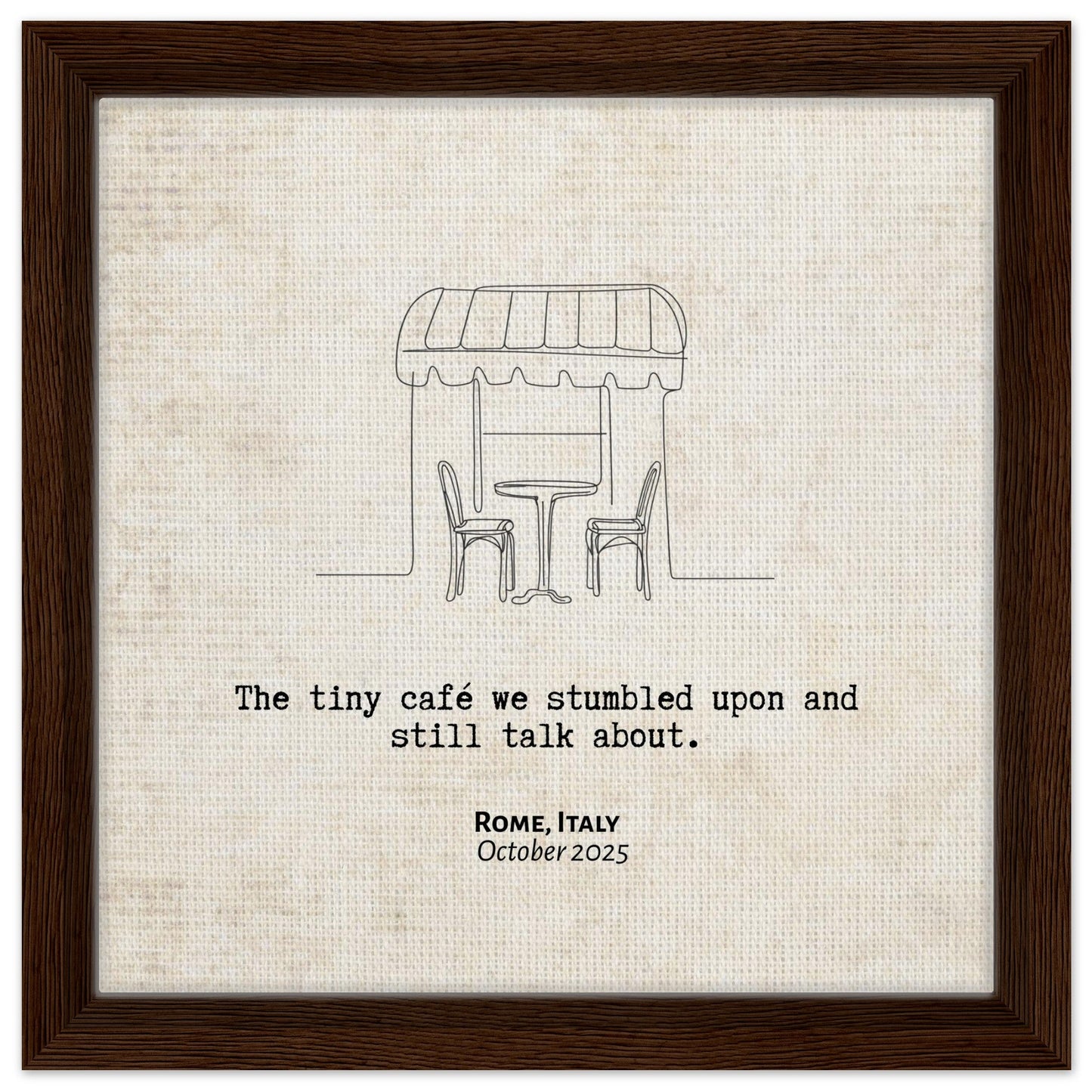 "The Cafe We Still Talk About" - Personalized Travel Micro Memory Framed Canvas - Out of Office Outfitters - Print Material