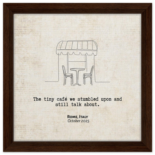 "The Cafe We Still Talk About" - Personalized Travel Micro Memory Framed Canvas - Out of Office Outfitters - Print Material