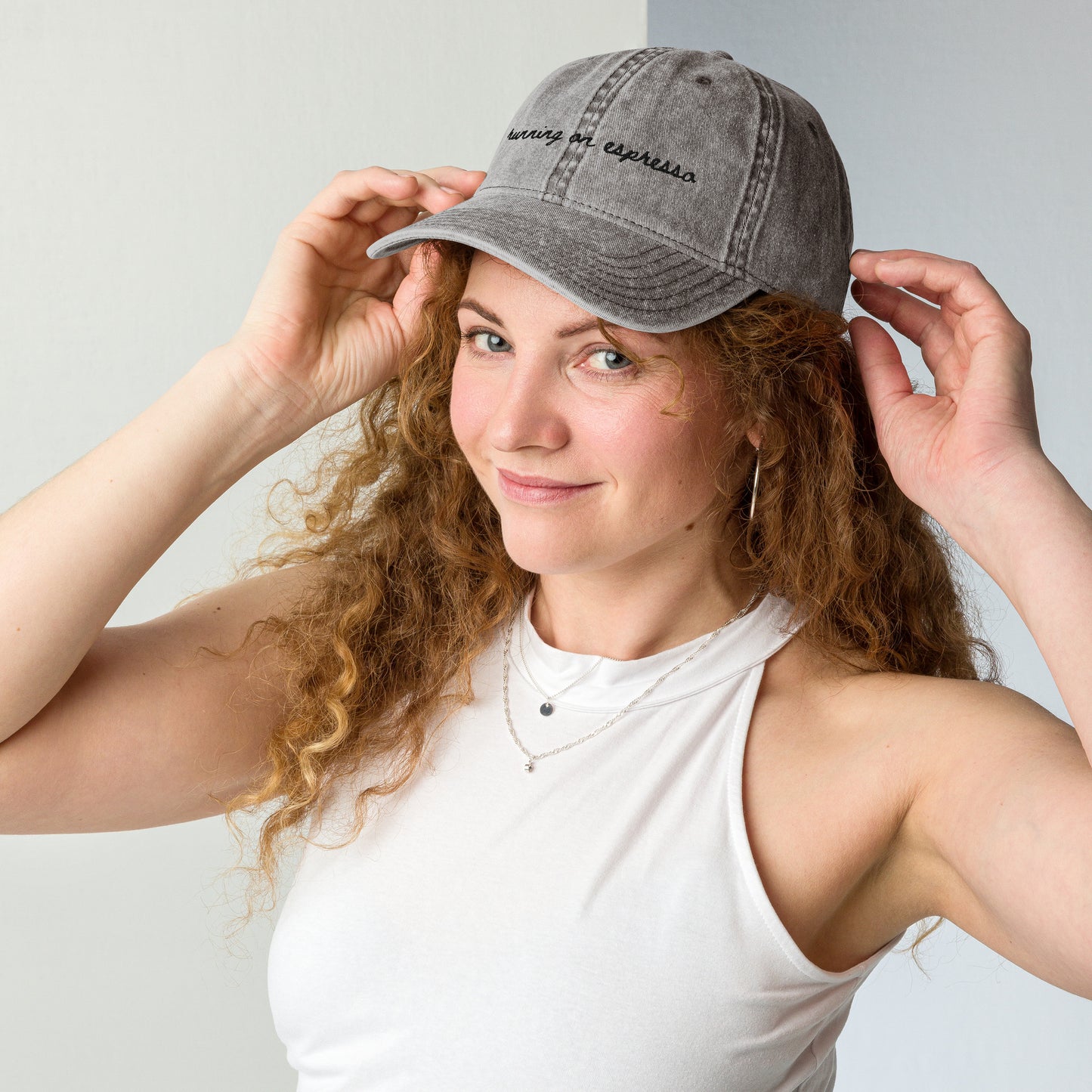 "Running on Espresso" Funny Travel Hat for Coffee Lovers - mock up on woman