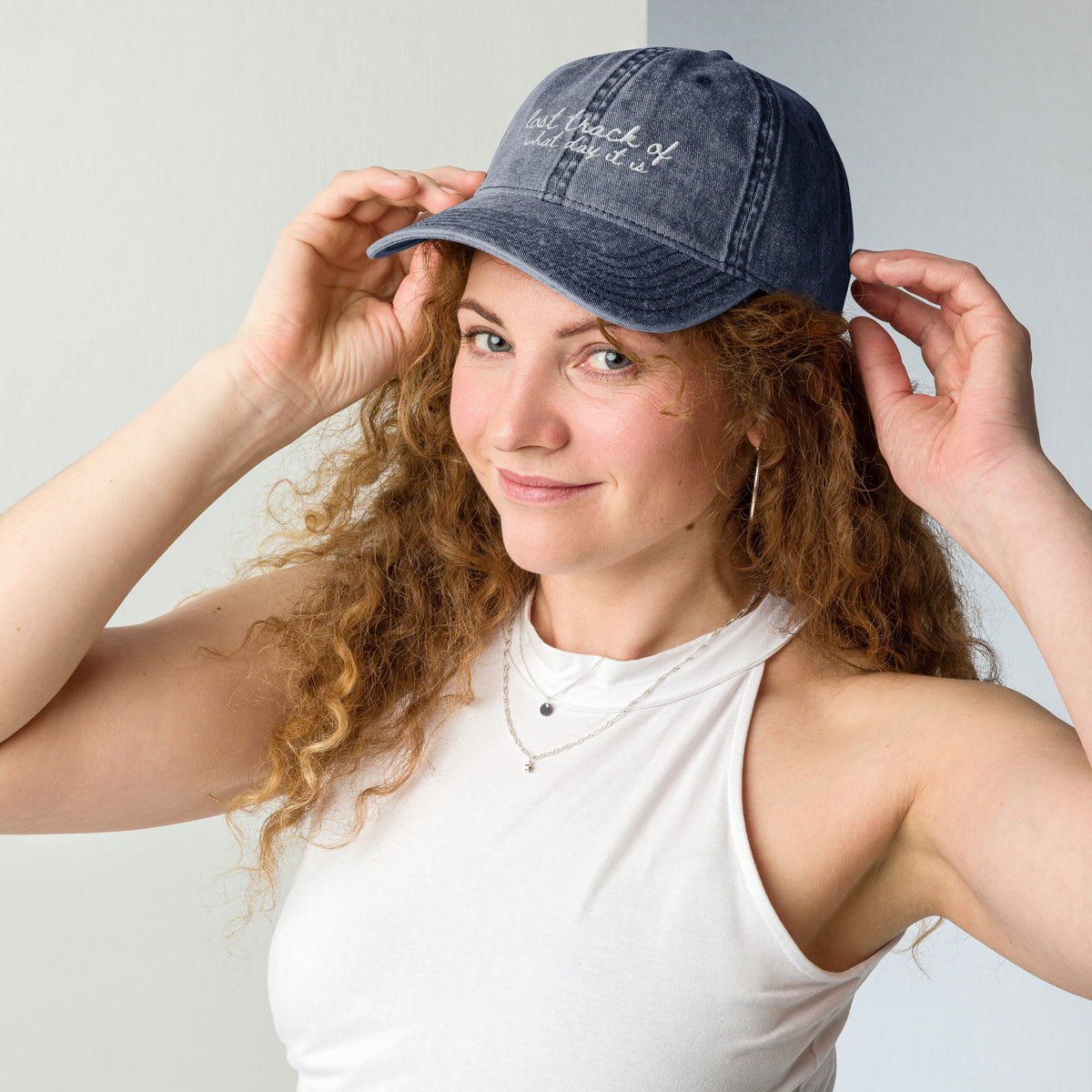 "Lost track of what day it is" Funny Travel Hat for Beach Lovers - Mock Up on woman